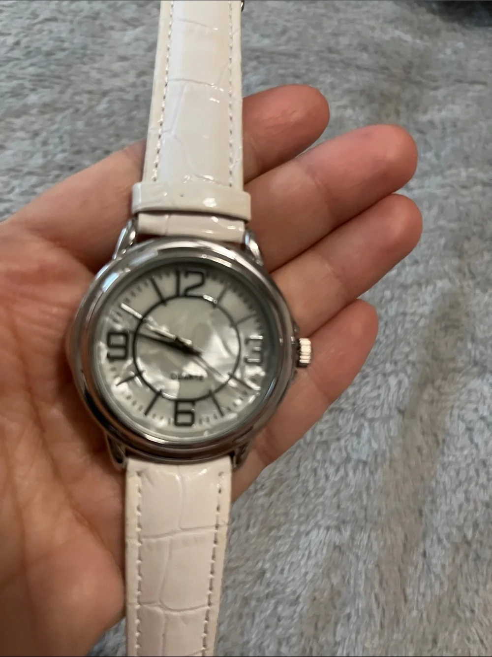 Women's White Leather Strap Watch with Silver Case
